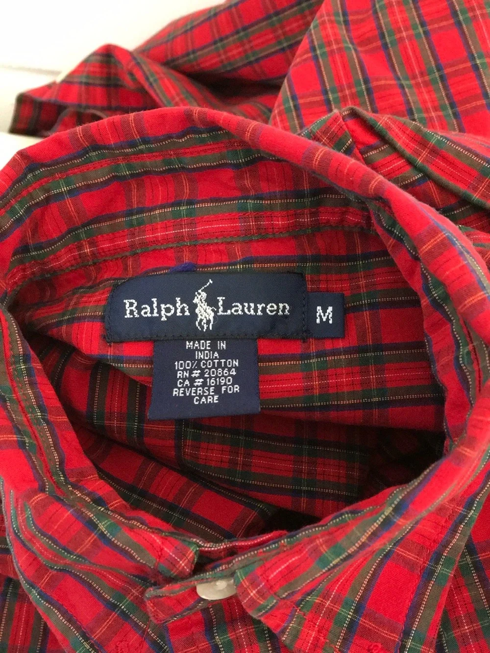 Boys Size M Ralph Lauren Red/Navy Blue Plaid Button-Down Holiday Christmas Shirt